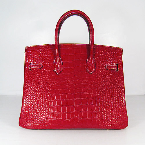 High Quality Fake Hermes Silver Lockpin Birkin 35cm Crocodile Veins Bag Red 6089